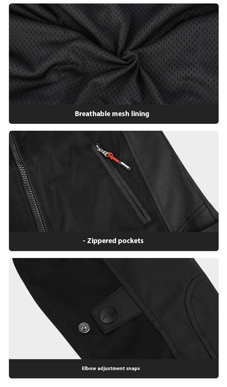 Black jacket with breathable mesh lining, zipped pockets, and elbow adjustment snaps.