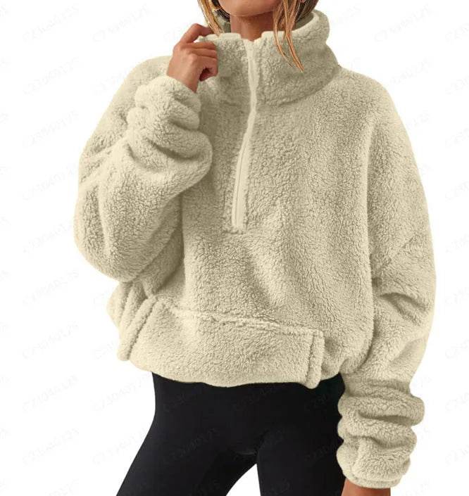 European And American Velvet Fleece-lined Women's Half Zipped Stand Collar Sweater - EX-STOCK Canada