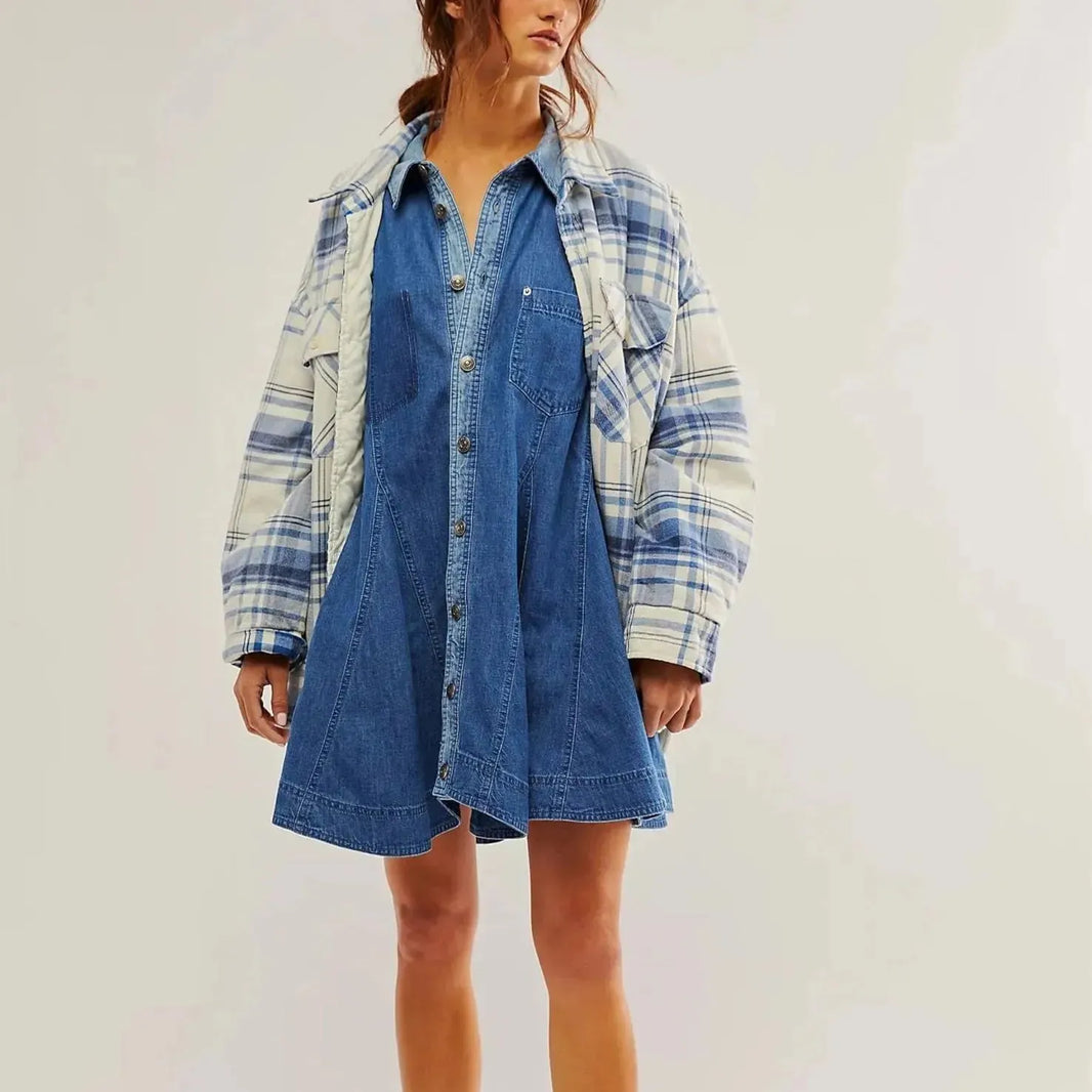 Women's Long Lantern Sleeve Button Denim Dress - EX-STOCK CANADA