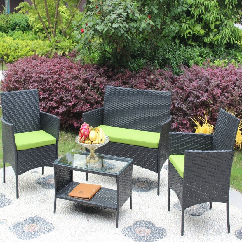 Ensemble de mobilier de patio en rotin 4 pièces avec canapé en osier et coussins vertsEX-STOCK Canada