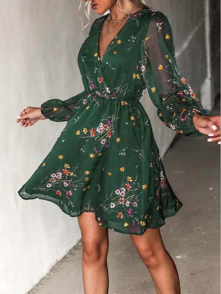 Casual V-neck Summer Spring Long Sleeve Floral mini Chiffon Dress - EX-STOCK Canada