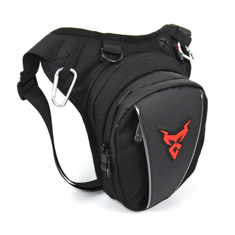Black sling bag with a red logo on a white background