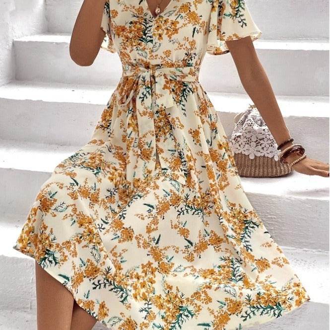 Women Bohemian Spring Short sleeve Casual flowy V-neck Tie belt Floral Summer Midi Dress - EX-STOCK Canada