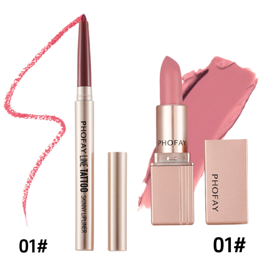PHOFAY lip product set including lipstick, lip liner, and swatch on a white background