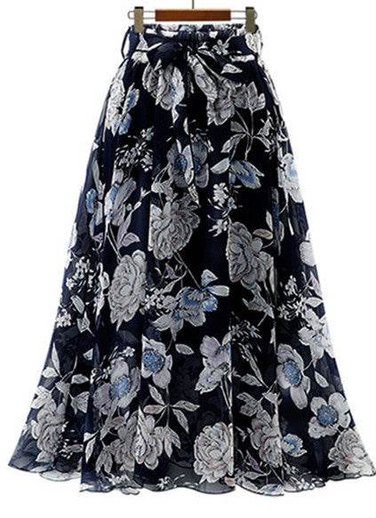 Women Formal Work Office High Waist Floral Midi Big Swing Chiffon Skirt - EX-STOCK Canada