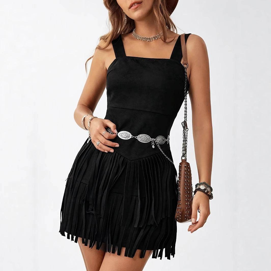 Women's Square Neck Summer Vacation Double-layer Sleeveless Mini Black Tassel Hem Dress - EX-STOCK Canada