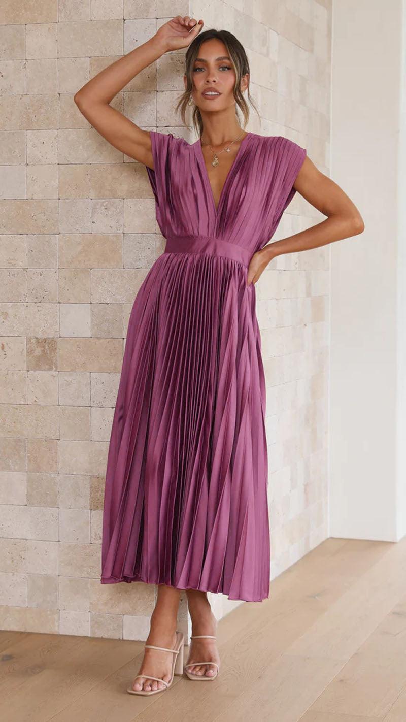 Robe d'été plissée à col en V Mode INS Décontractée Ample Robe sans manches avec fermeture éclair pour femmes Vêtements