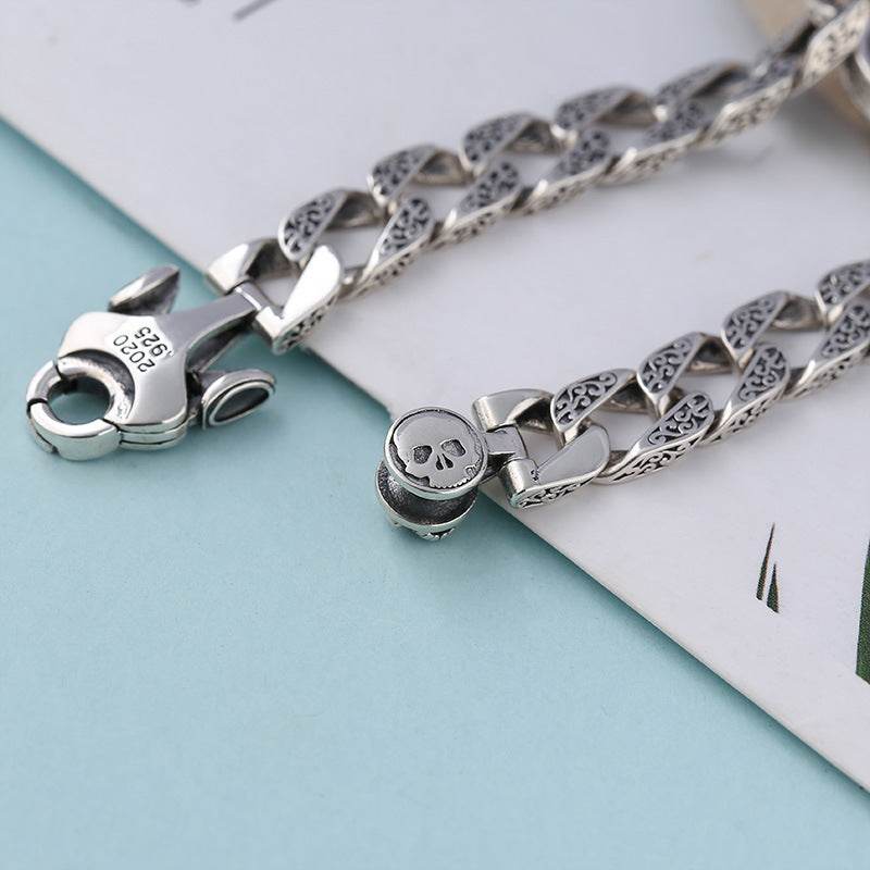 Sterling Silver Ornament Men's Trendy Rotating Skull Retro Fashion Tang Grass Pattern Bracelet EX-STOCK Canada