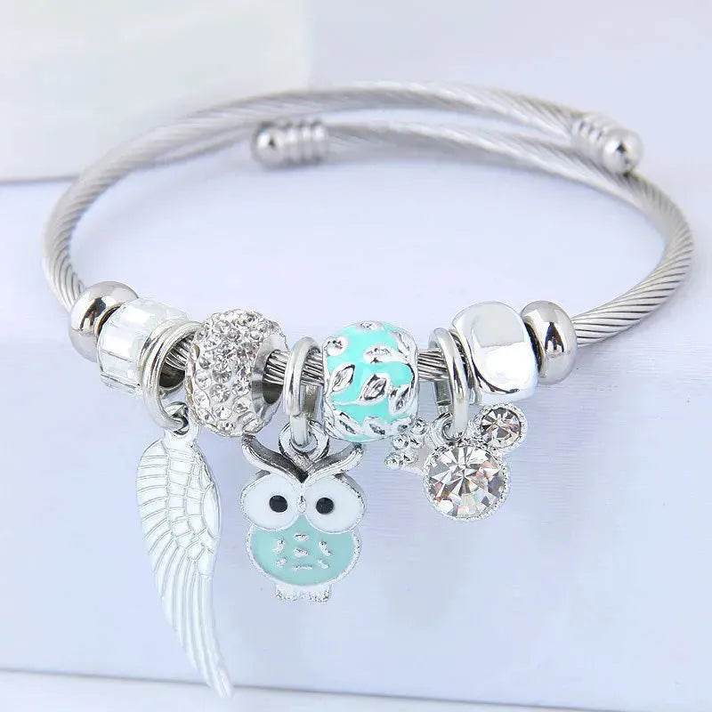 DIY Beaded Owl Angel Wings Pendant Stainless Steel Bracelet - EX-STOCK Canada