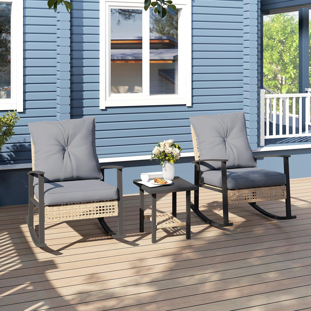 3-teiliges Bistro-Set, Patio-Rattan-Möbelset mit gesteppter Knopfpolsterung, Rattan-Schaukelstühle, Couchtisch, GrauEX-STOCK Canada