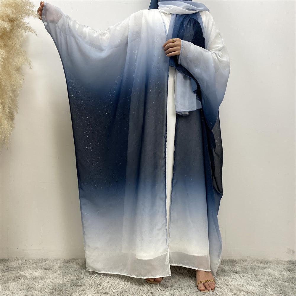 Middle East Muslim Chiffon Cardigan Gradient Batwing Sleeve With Headscarf Suit - EX-STOCK Canada