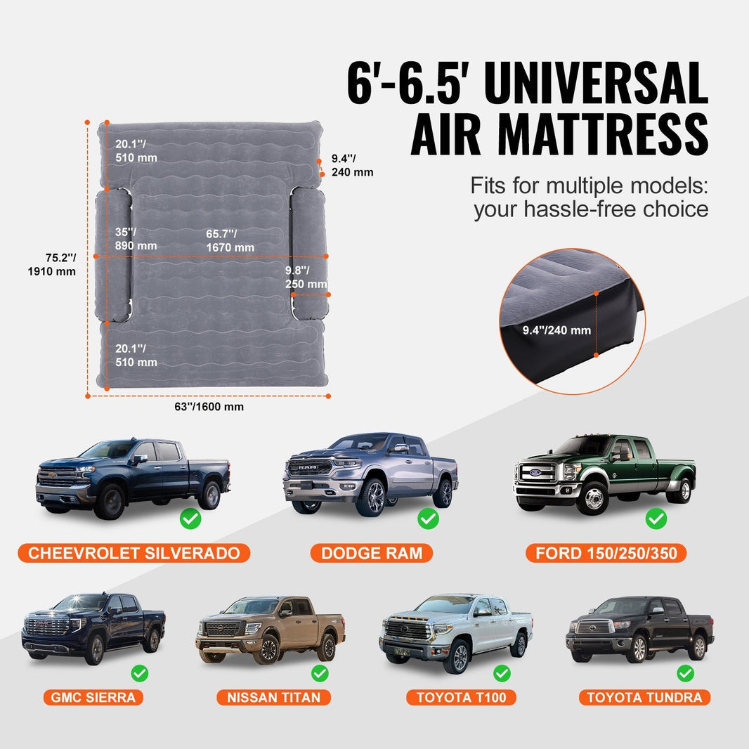 Truck Bed Air Mattress, For 6-6.5 Ft Full Size Truck Beds, Inflatable Air Mattress Camping Bed With 12V Air 2 Pillows, Carry Bag, For Chevrolet Silverado, Dodge Ram, Ford EX-STOCK