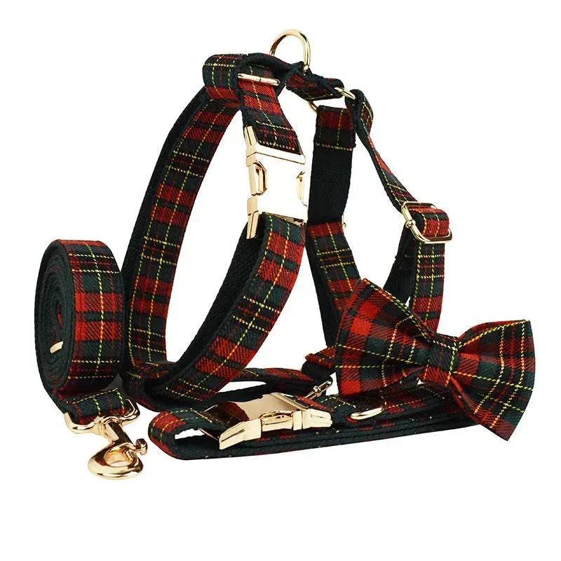 Christmas Pet Collar Plaid With Green Background Dog Rope Leash Suit - EX-STOCK Canada