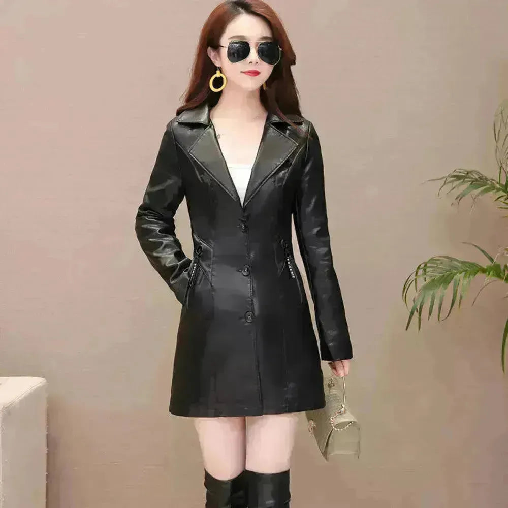 Elegant Fashion Slim Fit à manches longues Mini Robe de blazer en cuir à manches longues