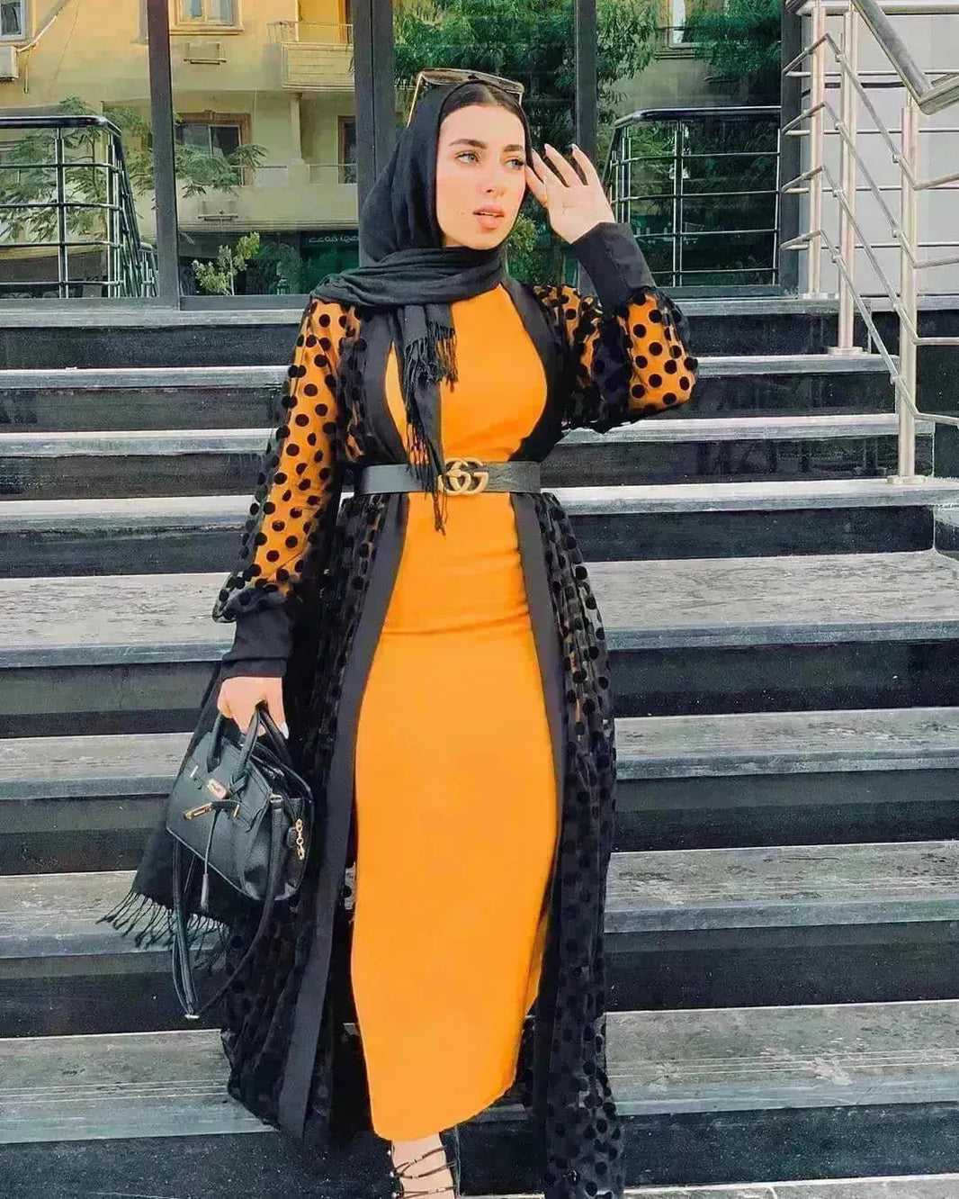 Abbigliamento Medio Oriente Women's Cross-Border-Border Dot Perspective Cardigan Scialo lungo Abaya Kimono Abaya per Dubai Turkey Women Two Piece