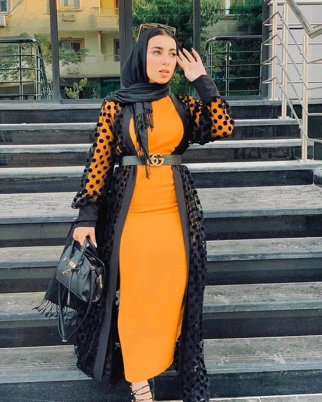 Middle East Apparel Women's Cross-border Polka Dot Perspective Cardigan Long Shawl Open Front Abaya Kimono Abaya for Dubai Turkey Women Two piece - EX-STOCK Canada