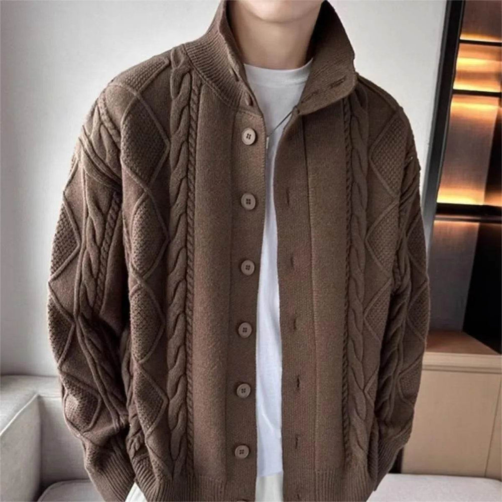 Solid Color Prismatic Plaid Sweater Coat Loose All-match Retro Lapels Long Sleeve Knitted Cardigan - EX-STOCK Canada