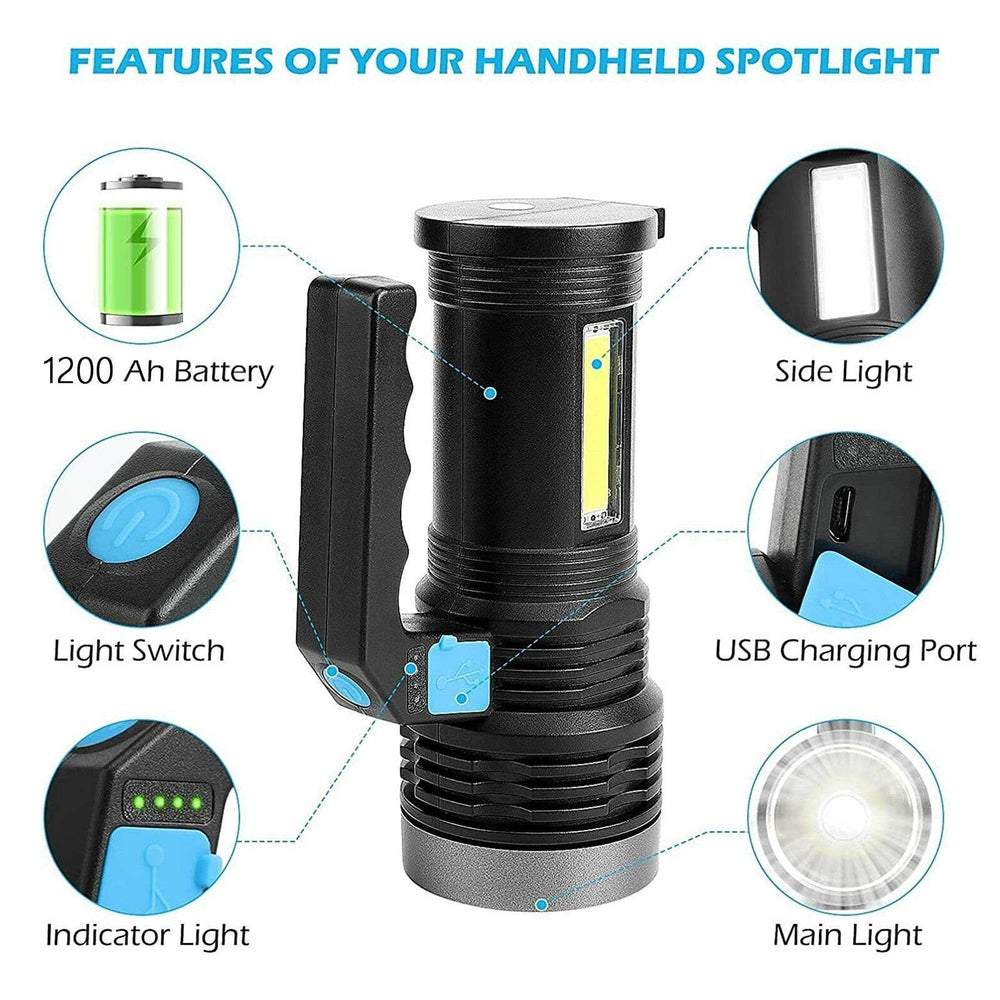 LED Flashlight USB Rechargeable Torch COB Spotlight Camping Light High Lumens Emergency Lamp 3 Modes Waterproof - EX-STOCK Canada