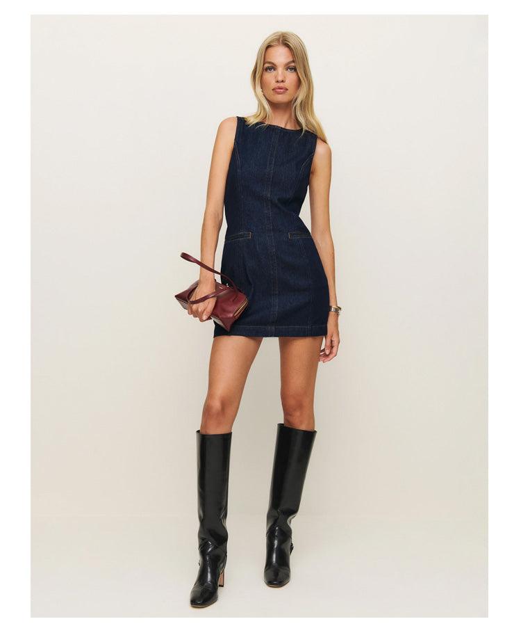 Französisches Mode-Rundhals-Skinny-Fit-Denim-Ärmelloses Kleid