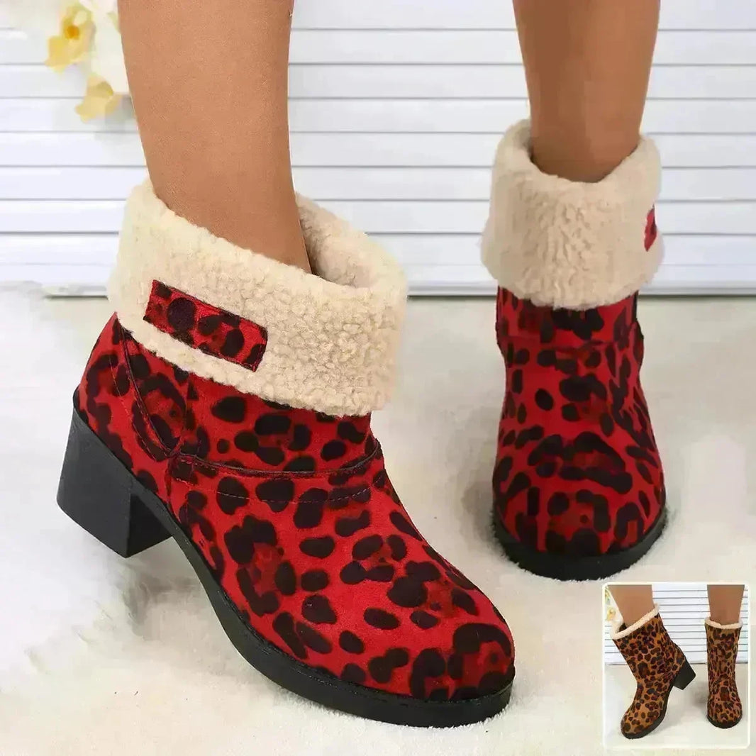 New Foldable Leopard Print Mid-calf Boots Winter Warm Fleece Thick Square Heels Boot For Women Fashion Round-toed Cotton Shoes - EX-STOCK CANADA
