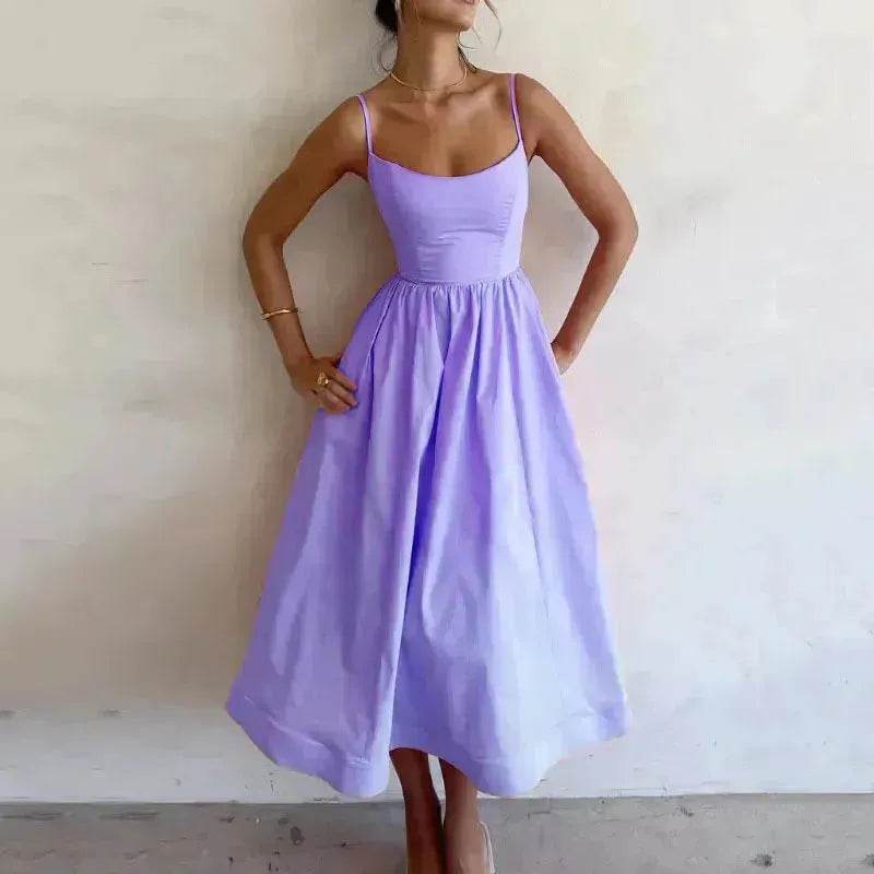 Elegant Solid Color Spaghetti Strap Suspender Skirt Dress Midi Skater Dress for Women - EX-STOCK Canada