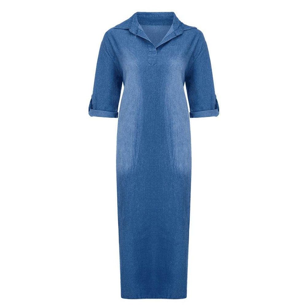 New washed denim dress Side Split Loose Mum Long Jeans Dress - EX-STOCK Canada