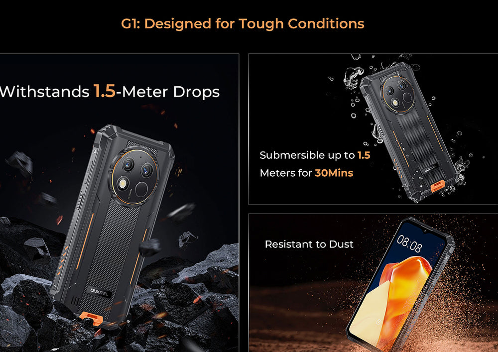 OUKITEL G1 Rugged Smartphone – Triple Camera, Dual SIM, Grey / Green / Orange