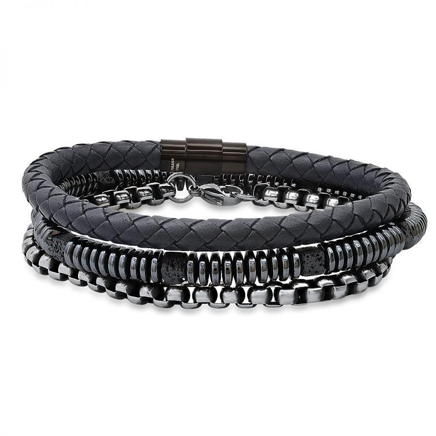 Braccialetti da uomo SteelTime in pelle nera e acciaio inossidabile con ematite e pietra lavica