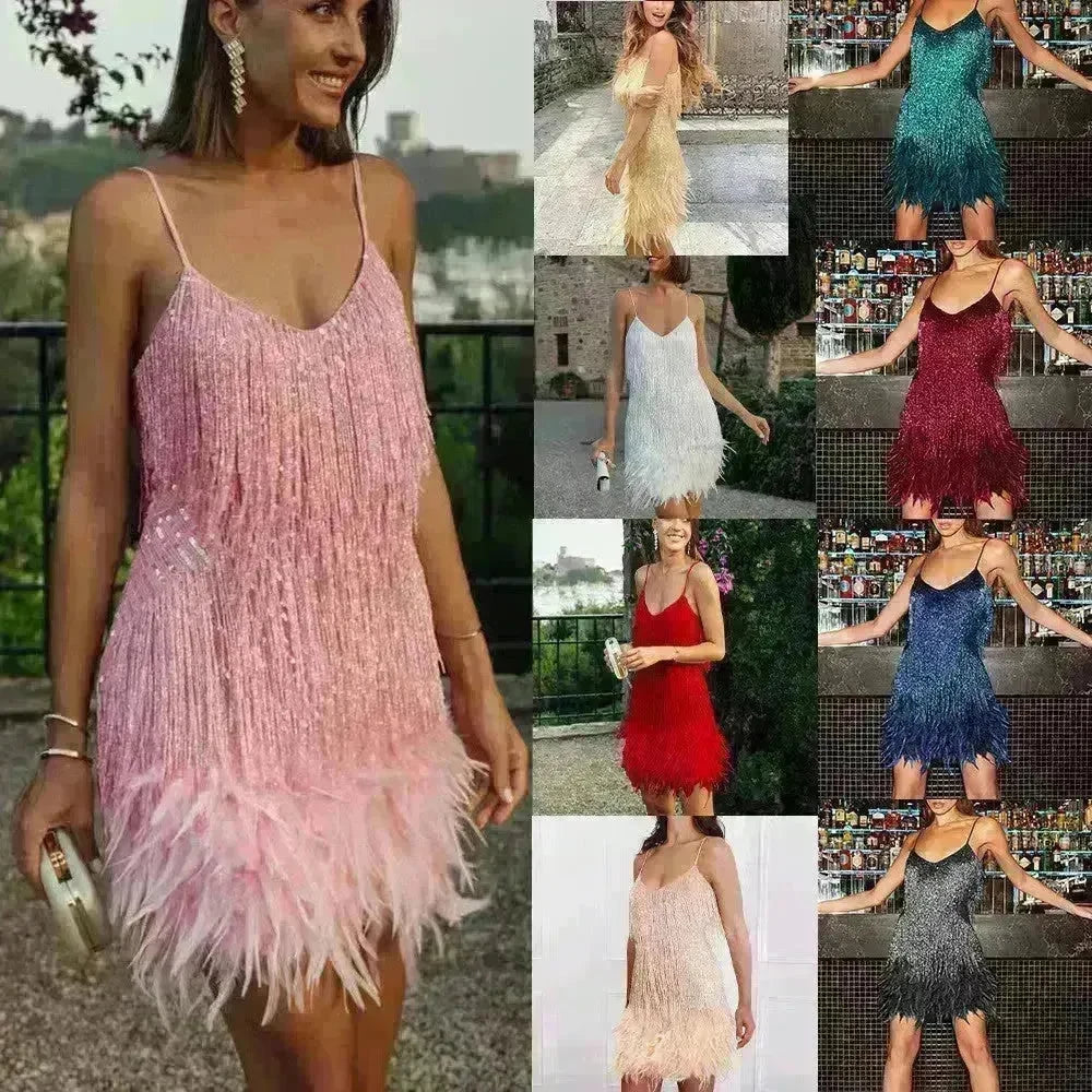 Elegant Chic Spaghetti Strap Luxury Tassel Sequins Feather Women’s Mini Dress for Evening Party, Cocktail Wedding Guest. - EX-STOCK CANADA
