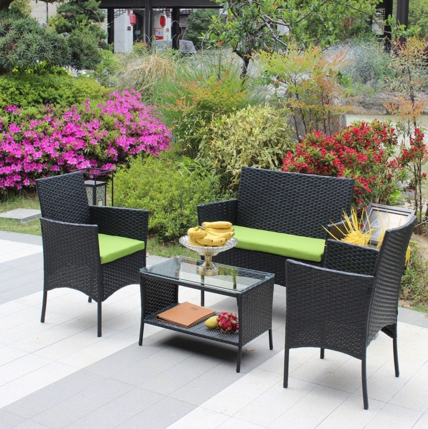 Ensemble de mobilier de patio en rotin 4 pièces avec canapé en osier et coussins vertsEX-STOCK Canada