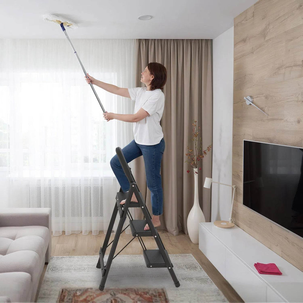 3-Step Folding Ladder, 330lbs Load Capacity, Lightweight 6.94lbs With 1.57in Folding Width, Heavy Duty Steel Construction, Non-Slip Pedals & Feet, Safety Lock, Multi-Use For Home Kitchen Living Room - EX-STOCK Canada