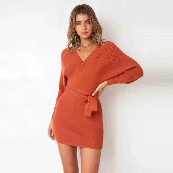 Autumn Winter Slim Fit V-neck Mini Wrap Sweater Dress - EX-STOCK Canada