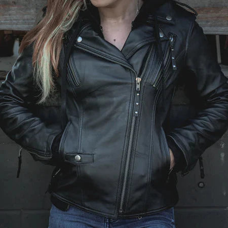 Open Road Women's Hooded Classic Leather Motorcycle Jacket EX-STOCK Canada
