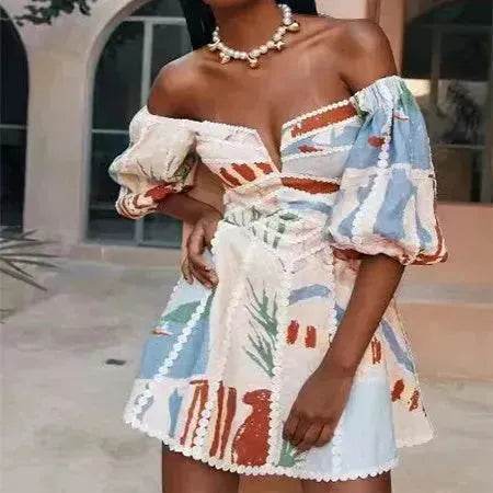 Women's Flower Print Lace Sling Dress Fashion V-neck Waist-baring Skirt Summer Clothing - EX-STOCK Canada