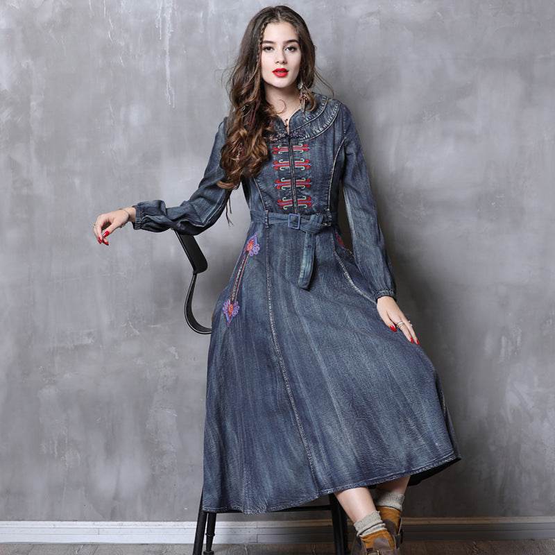Elegant Classy Long Sleeve Denim dress with belt Flared Embroidered