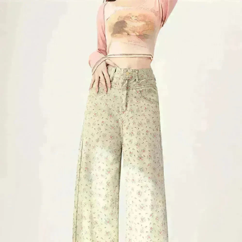 Mint Mambo Green Floral Baggy Jeans Pant For Women - EX-STOCK CANADA