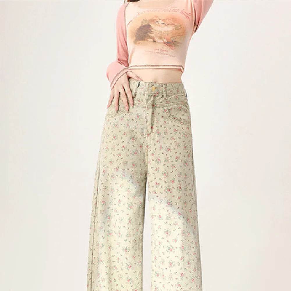 Mint Mambo Green Floral Baggy Jeans Pant For Women - EX-STOCK Canada