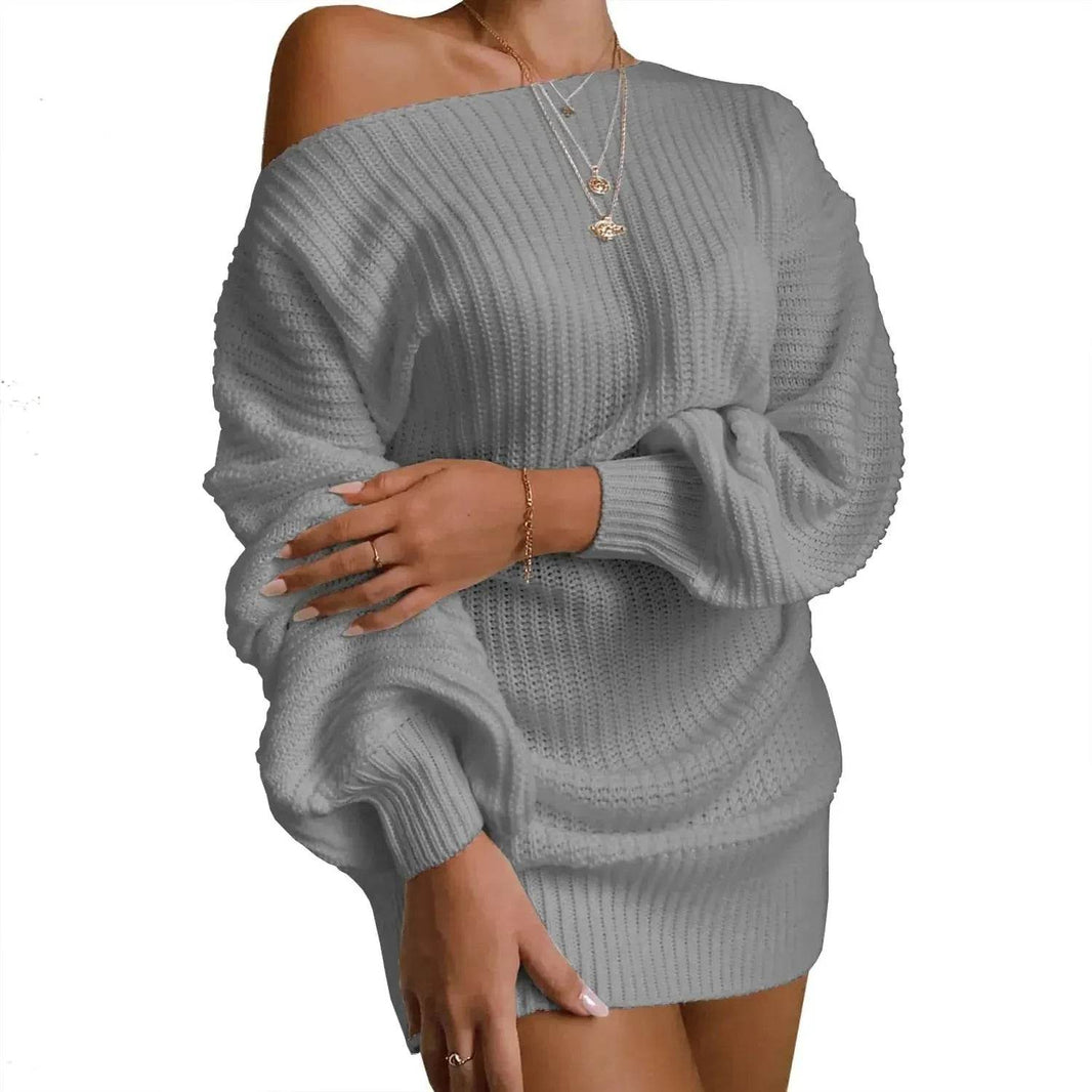 Autumn Winter Slant Shoulder Off Lantern sleeve Mini knitted wool sweater dress - EX-STOCK Canada