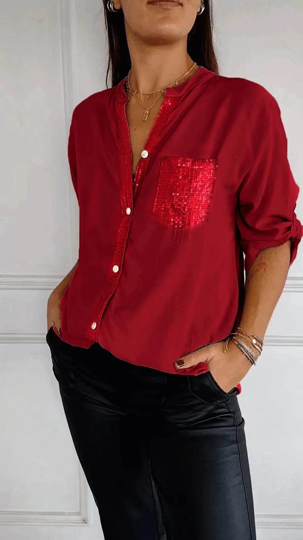 Casual Button-down Long Sleeve Shirt With Sequin Pocket Design Fashion Commuter Top Women Clothing - EX-STOCK Canada