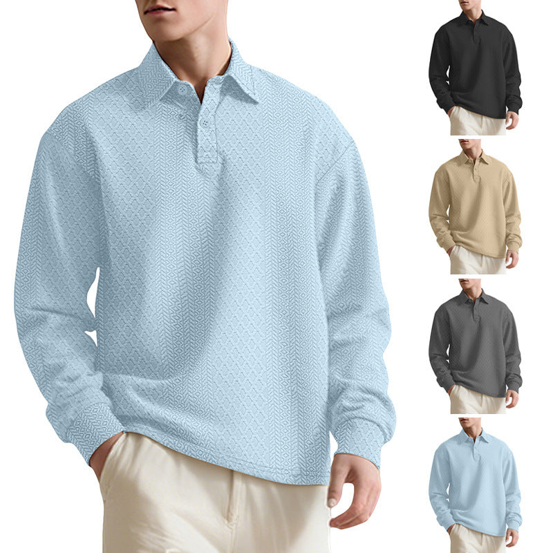 Texture Jacquard Solid Color Men's Long-sleeved Polo Shirt Lapel Loose Sweater EX-STOCK Canada