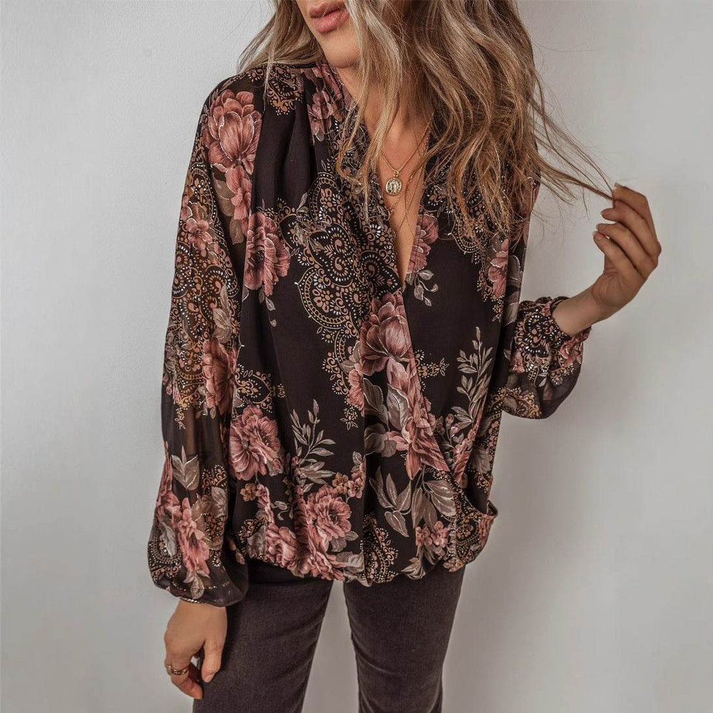 V-neck Long Sleeve Top Floral Print Women's Chiffon blouse Women - EX-STOCK Canada
