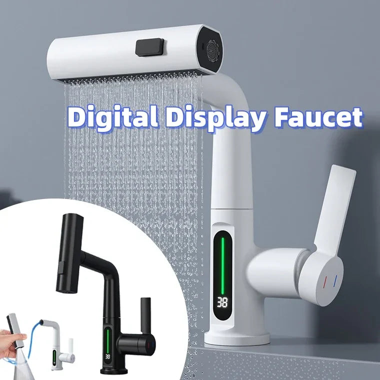 Intelligent Digital Display Faucet Pull-out Basin Faucet Temperature Digital Display Rotation EX-STOCK Canada