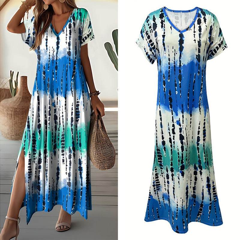 Women's Summer Tie Dye Maxi Dress Short Sleeve V Neck Casual Loose Long Split Dresses - EX-STOCK Canada