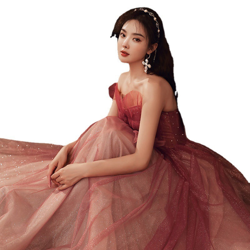 Evening Female Toast Dress Red Bridal Dinner Tube Top Long Dress Host Fairy Spirit EX-STOCK Canada