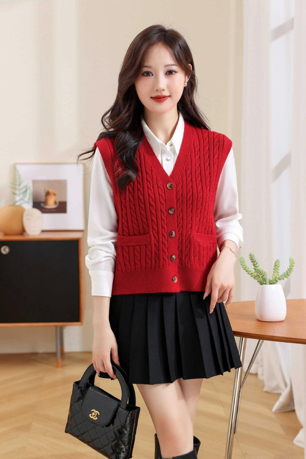 Gilet tricoté torsadé à col en V pour femmesEX-STOCK Canada