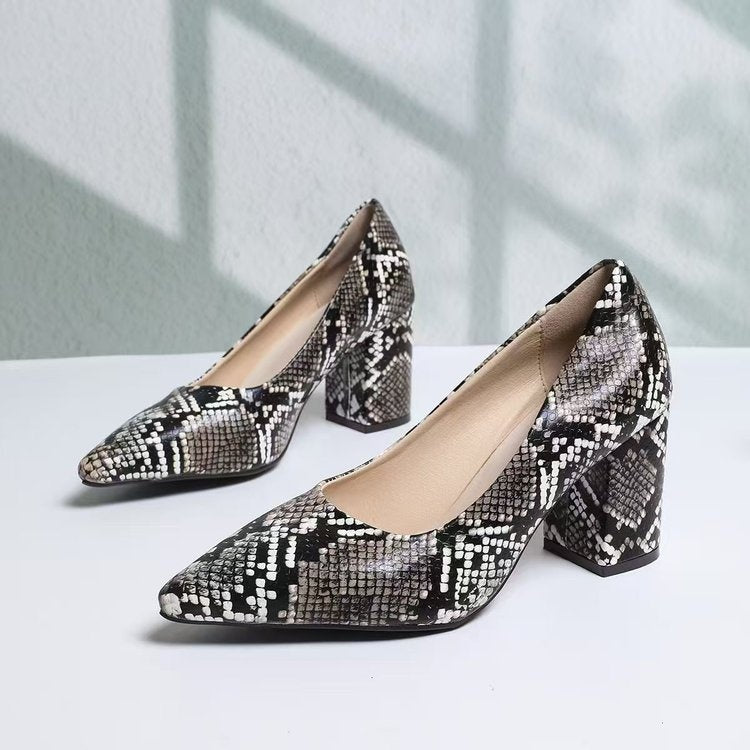 Women's Snake Print Pointed Toe Block Heel Pumps 2026 Spring Summer Elegant High Heels Versatile Office Party Shoes