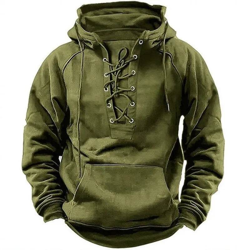 Men's Outdoor Retro Lace-up Hooded Long-sleeved T-shirt Casual Pullover top sweatshirt - EX-STOCK Canada