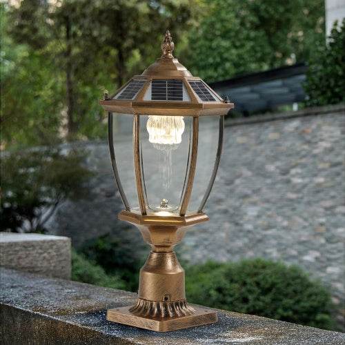 Vintage Gold Solar Pillar Headlight With Dimmable LED 1-Pack Outdoor Landscape Pathway Light - EX-STOCK Canada