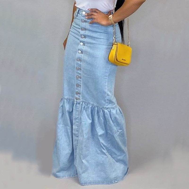 Women's Slim-fit Peplum Patchwork Long Denim Skirt fish tail style Jeans Skirt - EX-STOCK Canada