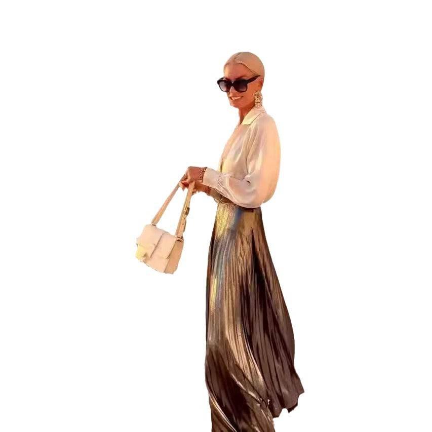 Satin Long Sleeve Shirt & Glossy pleated maxi Skirt 2pcs - EX-STOCK Canada